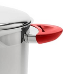 7-quart stainless steel stockpot with polished finish and red handles, shown with lid on a white background.