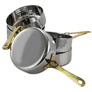 A stacked set of six small, shallow, hammered stainless steel mini frying pans with long, thin gold-colored handles.