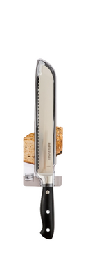 Farberware 8-inch serrated bread knife with a sharp stainless-steel blade on a white background.