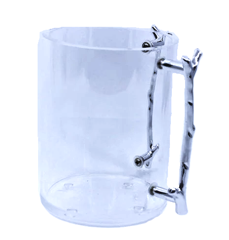 Clear lucite Netilat Yadayim washing cup with elegant silver branch-style handles on a white background.