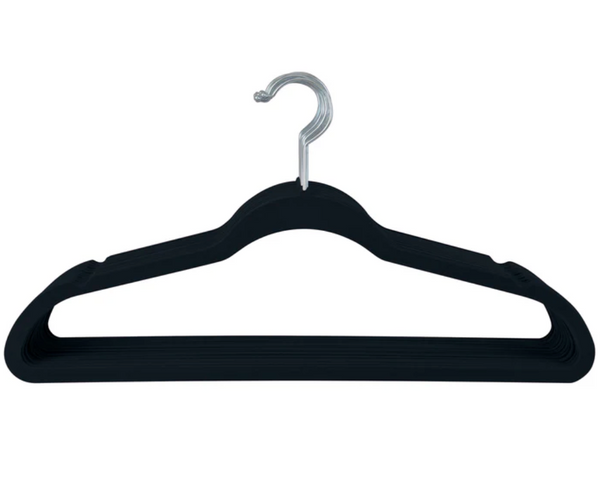 This is a black velvet hanger with a chrome swivel hook. The slim, space-saving design maximizes closet storage, while the velvet coating provides a non-slip grip to keep clothes securely in place. Ideal for delicate fabrics, jackets, and shirts, helping to maintain their shape and prevent wrinkles.