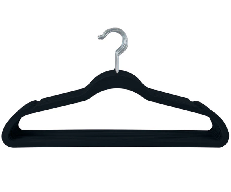 This is a black velvet hanger with a chrome swivel hook. The slim, space-saving design maximizes closet storage, while the velvet coating provides a non-slip grip to keep clothes securely in place. Ideal for delicate fabrics, jackets, and shirts, helping to maintain their shape and prevent wrinkles.