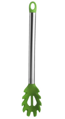 Bright green silicone pasta server with sturdy stainless steel handle and hanging loop.