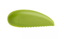 A lime green Trudeau Maison avocado slicer, with a serrated edge for cutting, a pit remover, and a fan-slicing end.