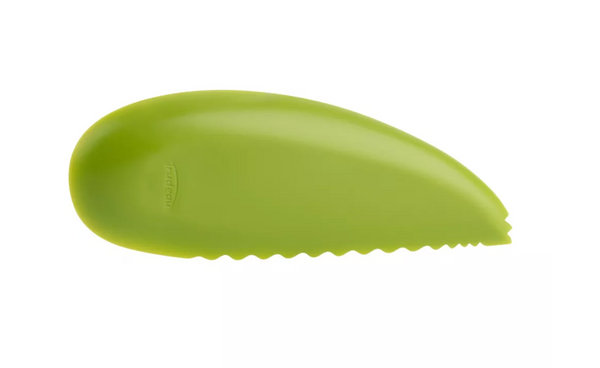 A lime green Trudeau Maison avocado slicer, with a serrated edge for cutting, a pit remover, and a fan-slicing end.