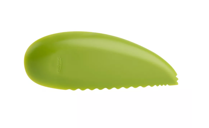 A lime green Trudeau Maison avocado slicer, with a serrated edge for cutting, a pit remover, and a fan-slicing end.