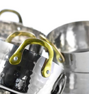 polished silver stainless steel mini Dutch ovens, each featuring gold-plated handles, displayed on a white background.