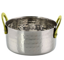 polished silver stainless steel mini Dutch oven, featuring gold-plated handle, displayed on a white background.