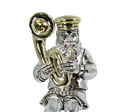 Silver and gold Hassidic musician figurine playing a tuba with cloth legs, seated, displayed on a white background.