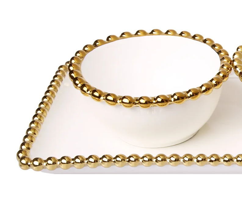 close up of bowl relish dish with gold beaded rim
