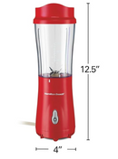 Red Hamilton Beach portable blender with 14 oz BPA-free travel cup and stainless steel blades displayed on a white background.
