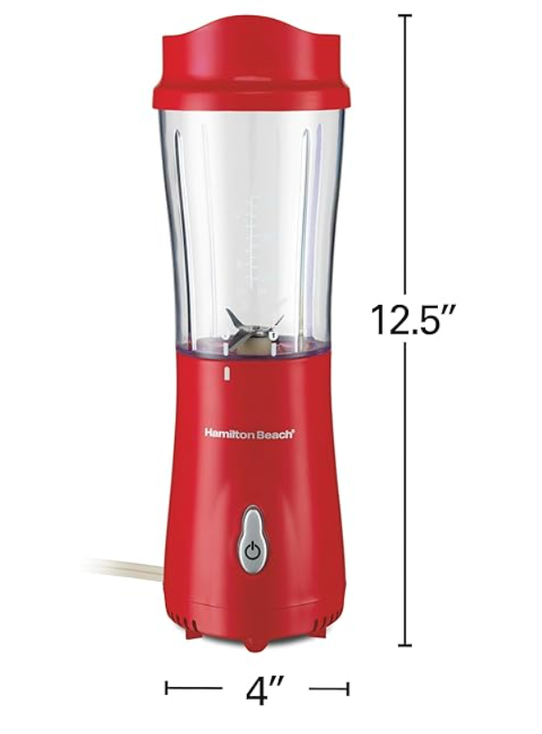 Red Hamilton Beach portable blender with 14 oz BPA-free travel cup and stainless steel blades displayed on a white background.