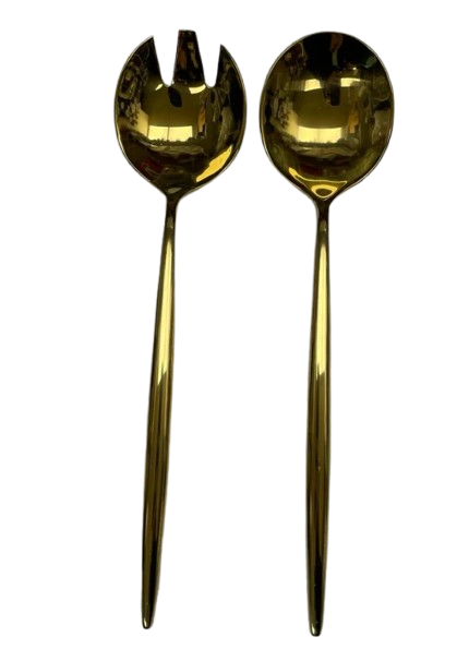 Set of two Prestige Golden Rotunda salad servers featuring a gold finish and rounded handles displayed on a white background.