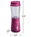Pink Hamilton Beach portable blender with 14 oz BPA-free travel cup and stainless steel blades displayed on a white background.