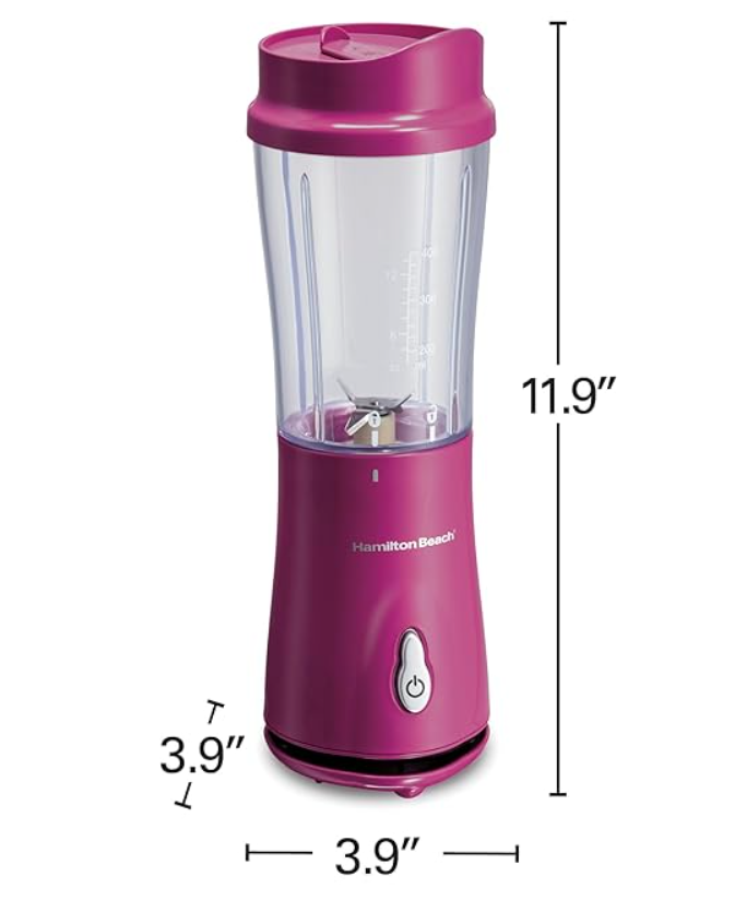 Pink Hamilton Beach portable blender with 14 oz BPA-free travel cup and stainless steel blades displayed on a white background.
