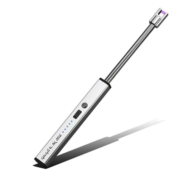 Silver Shabbos Electric Candle Lighter with flexible neck and laser-engraved Hebrew text displayed on a white background.