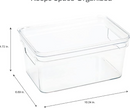 Small clear plastic storage bin with lid and open handles, shown with dimensions on a white background.