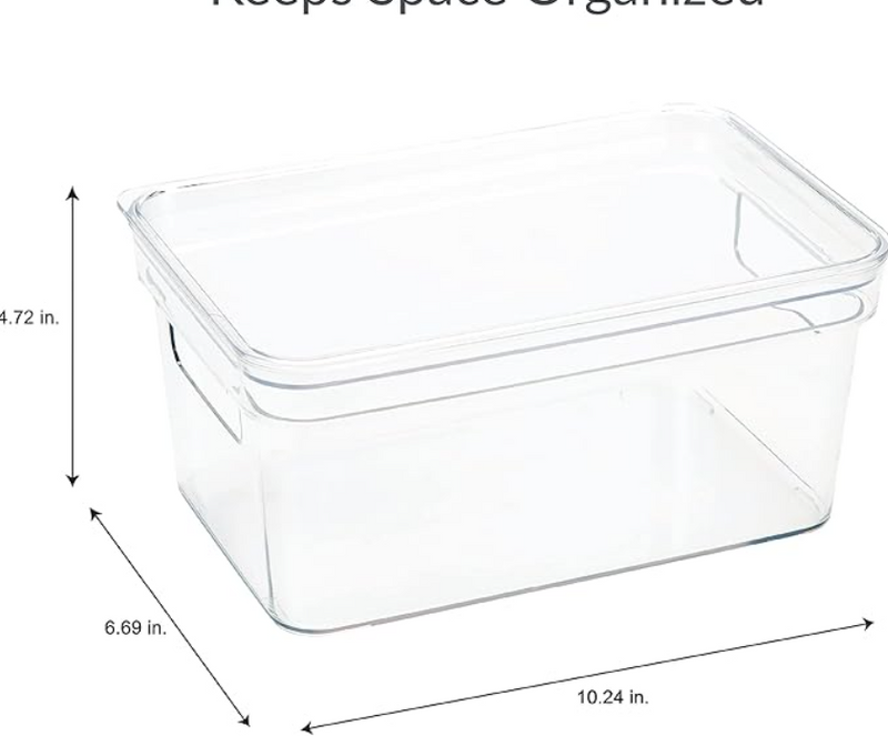 Small clear plastic storage bin with lid and open handles, shown with dimensions on a white background.