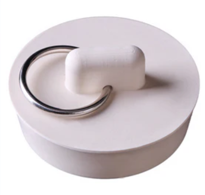 White rubber sink stopper with a metal pull ring, designed to fit drains securely. 
