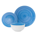 Spiral blue porcelain 3-piece dinnerware set with plates and bowls featuring swirled watercolor patterns, displayed on a white background.