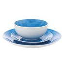 Spiral blue porcelain 3-piece dinnerware set with plates and bowls featuring swirled watercolor patterns, displayed on a white background.