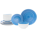 Spiral blue porcelain 12-piece dinnerware set with plates and bowls featuring swirled watercolor patterns, displayed on a white background.