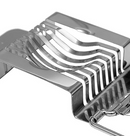 Aluminum egg and mushroom slicer with short handle and stainless steel wires, shown on a white background.