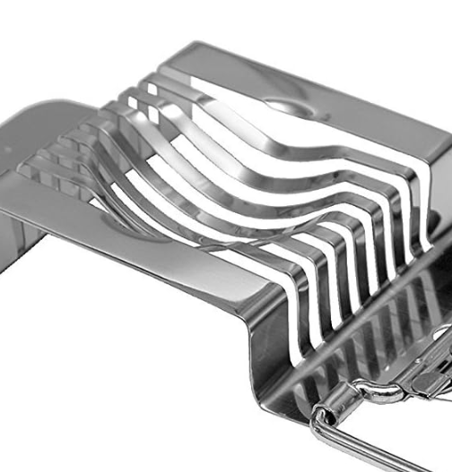 Aluminum egg and mushroom slicer with short handle and stainless steel wires, shown on a white background.