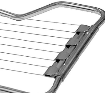 Aluminum egg and mushroom slicer with short handle and stainless steel wires, shown on a white background.