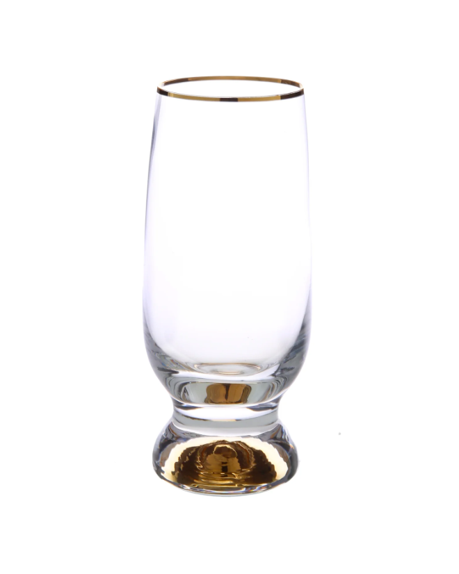  Set of six clear goblets with gold stems and gold rims arranged on a white background.