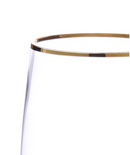  Set of six clear goblets with gold stems and gold rims arranged on a white background.