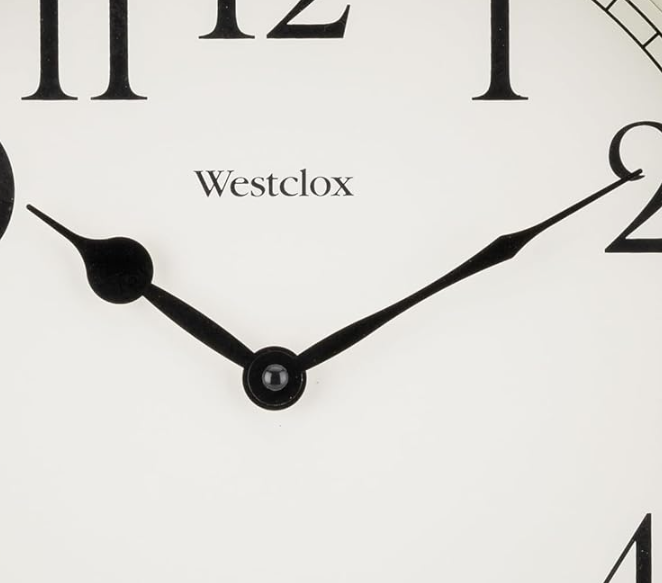 15.5-inch round dark brown woodgrain wall clock with black numbers and black hands on a white background.