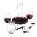9-piece clear unleaded crystal wine decanter set with four stemless glasses and bar tools displayed on a white background.