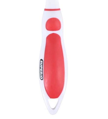 Red Superio bottle brush with rubber handle and stainless steel core, displayed vertically on a white background.