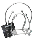 Chrome double-sided napkin holder with open sides and elevated base, displayed on a white background.