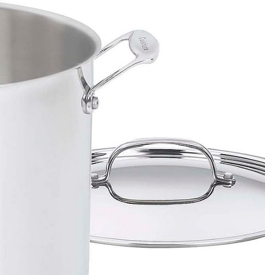 Cuisinart 12-quart stainless steel covered stockpot with mirror finish shown on a white background.