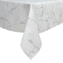 54" x 72" white jacquard tablecloth with silver marble design shown on a white background.
