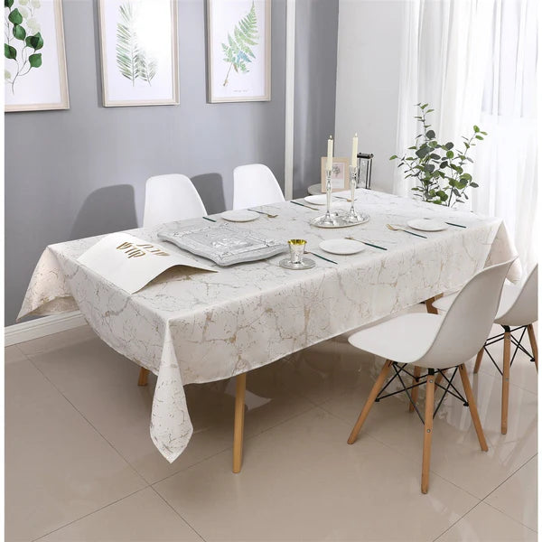 54" x 72 Polyester Tablecloth-  Jacquard, Marble White/Gold