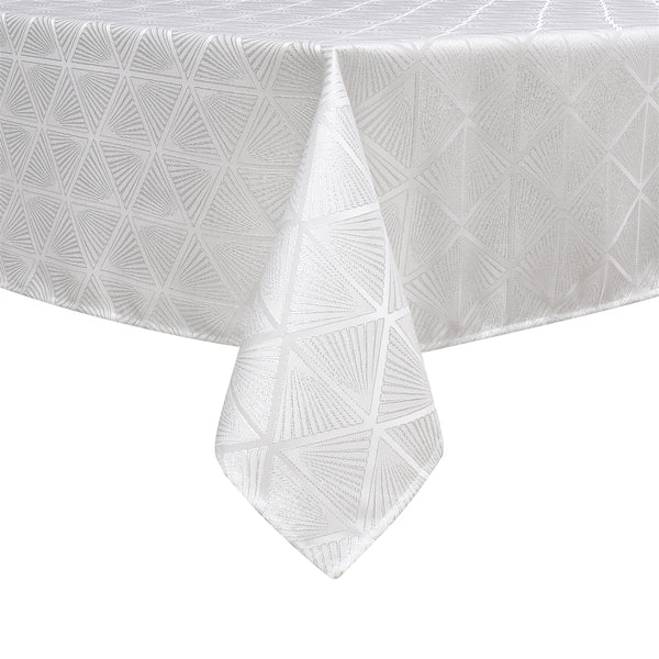 Silver diamond jacquard rectangular tablecloth with hem-stitched edges displayed on a white background.