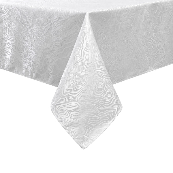 Silver jacquard rectangular tablecloth with hem-stitched edges displayed on a white background.