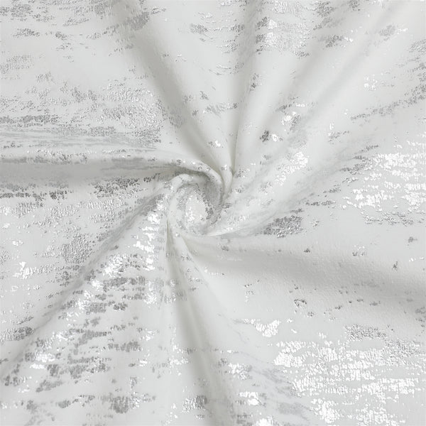 A folded 60" x 120" silver mosaic print tablecloth displayed on a white background.