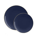 Luxurious navy blue dinnerware set with an elegant gold rim, featuring two glossy plastic plates. Perfect for upscale dining, special occasions, and modern table settings.