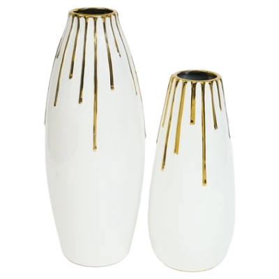 12" Short White Vase with Gold Drip