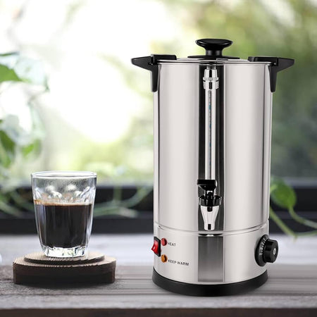 A stainless steel hot water urn with a spout and indicator lights, designed for large gatherings and Shabbat use.