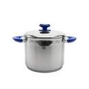 Durable stainless steel stockpot with a 5-quart capacity, featuring a lid and comfortable blue side handles and lid knob for easy handling.