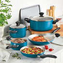 Farberware 15-Piece Aluminum Nonstick Cookware Set in a teal exterior with a light gray nonstick interior. The set includes various pots and pans with glass lids and black handles, along with a baking sheet and a set of black Prestige kitchen tools shown in an inset image.