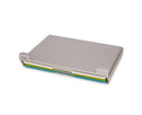 A slim Joseph Joseph Folio cutting board set in a gray storage case. Three color-coded cutting boards—blue, green, and white—are stacked inside the case.