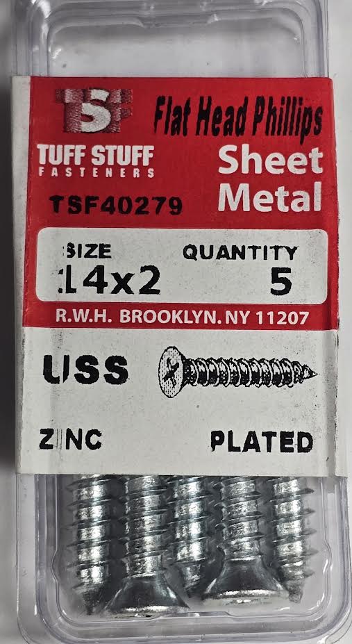 Tuff Stuff Flat Head Phillips Sheet Metal Screws – #14 x 2 Inch, Zinc-Plated, Pack of 5. Durable self-tapping screws for securing metal, plastic, and wood. Corrosion-resistant finish for long-lasting performance.