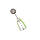 A stainless steel scooper with a medium-sized bowl, internal spring mechanism, and green soft-grip handles.