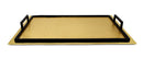 Medium gold rectangular serving tray with a matte texture and black handles, shown on a white background.